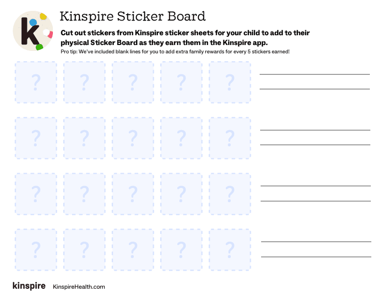 Kinspire Sticker Board with spaces for stickers and lines for family rewards