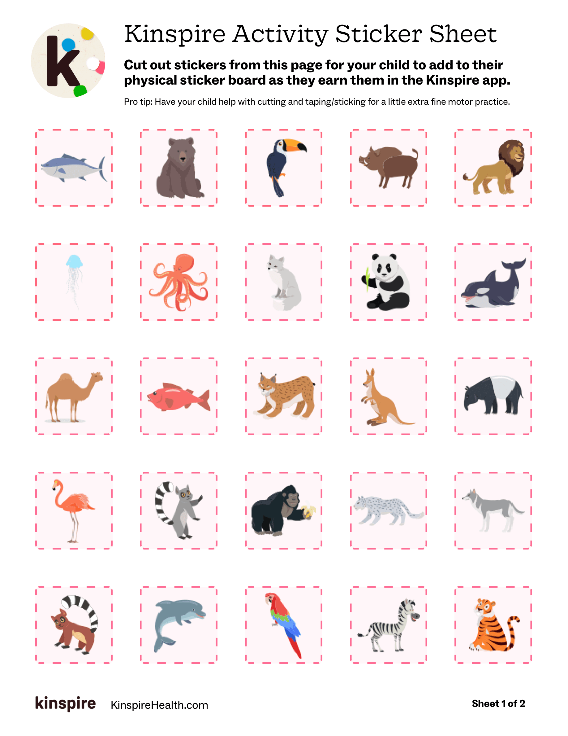 Kinspire Activity Sticker Sheet with animal stickers to cut out and place on the board
