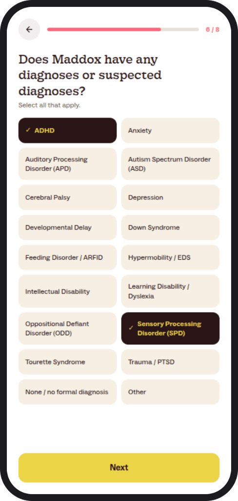 Clinical consultation question asking which diagnoses apply, with ADHD and sensory processing disorder selected