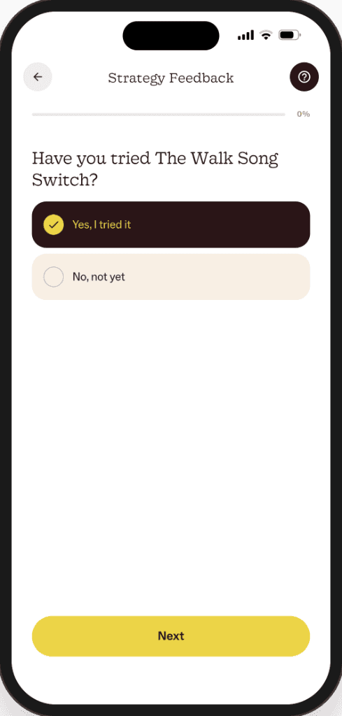 Strategy Feedback screen asking whether you tried The Walk Song Switch, with Yes, I tried it selected