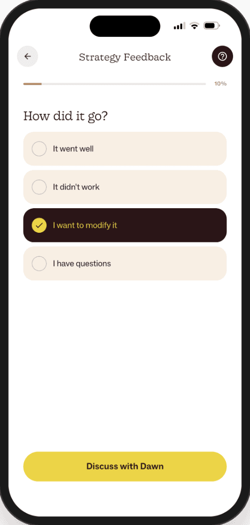 Strategy Feedback screen asking how it went, with I want to modify it selected
