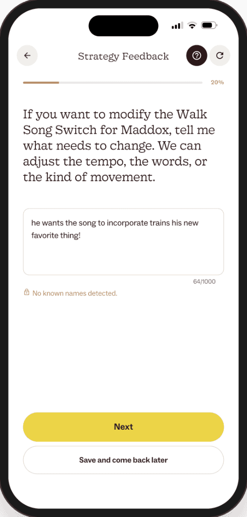 Dawn asking what needs to change, with the parent's answer that Maddox wants the song to include trains