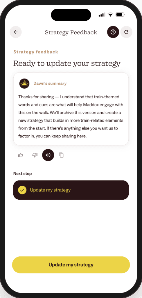 Ready to update your strategy screen, with Dawn's summary confirming she will build a new strategy with more train-related elements