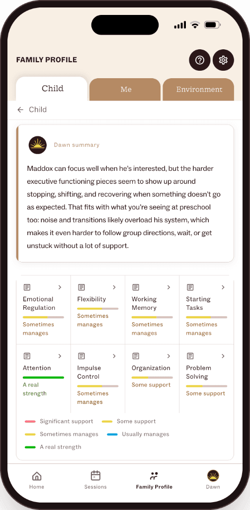 Family Profile child tab showing executive functioning with Dawn summary