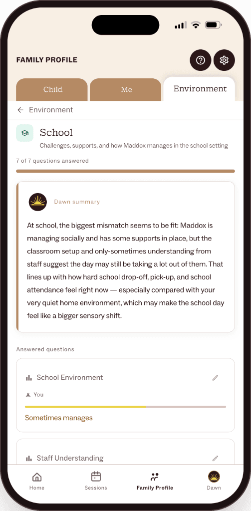 Family Profile environment tab showing school with Dawn summary