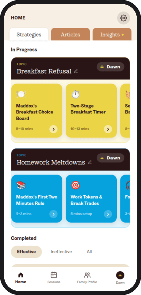 Home screen with strategies for breakfast refusal and homework meltdowns