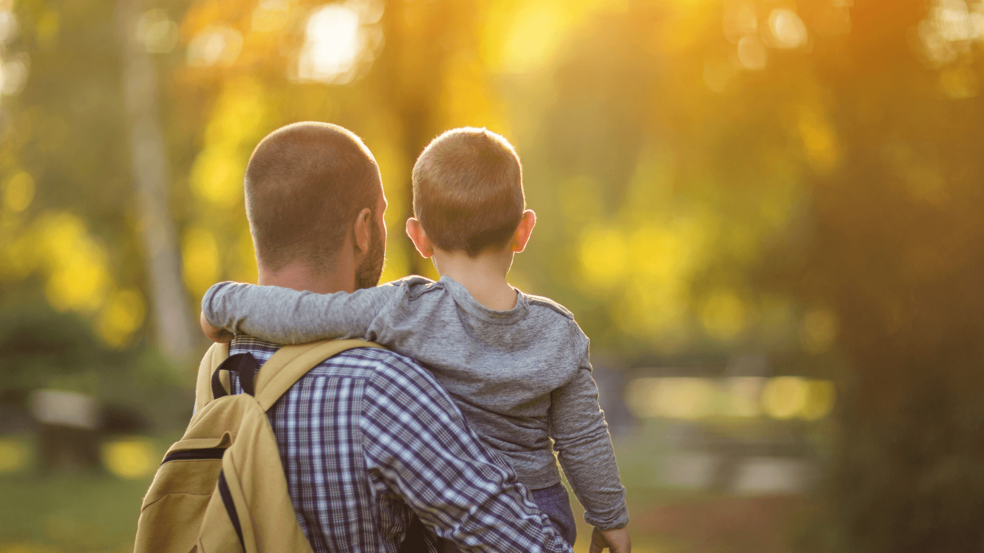 A parent carrying their child toward sunlit trees outdoors, seen from behind