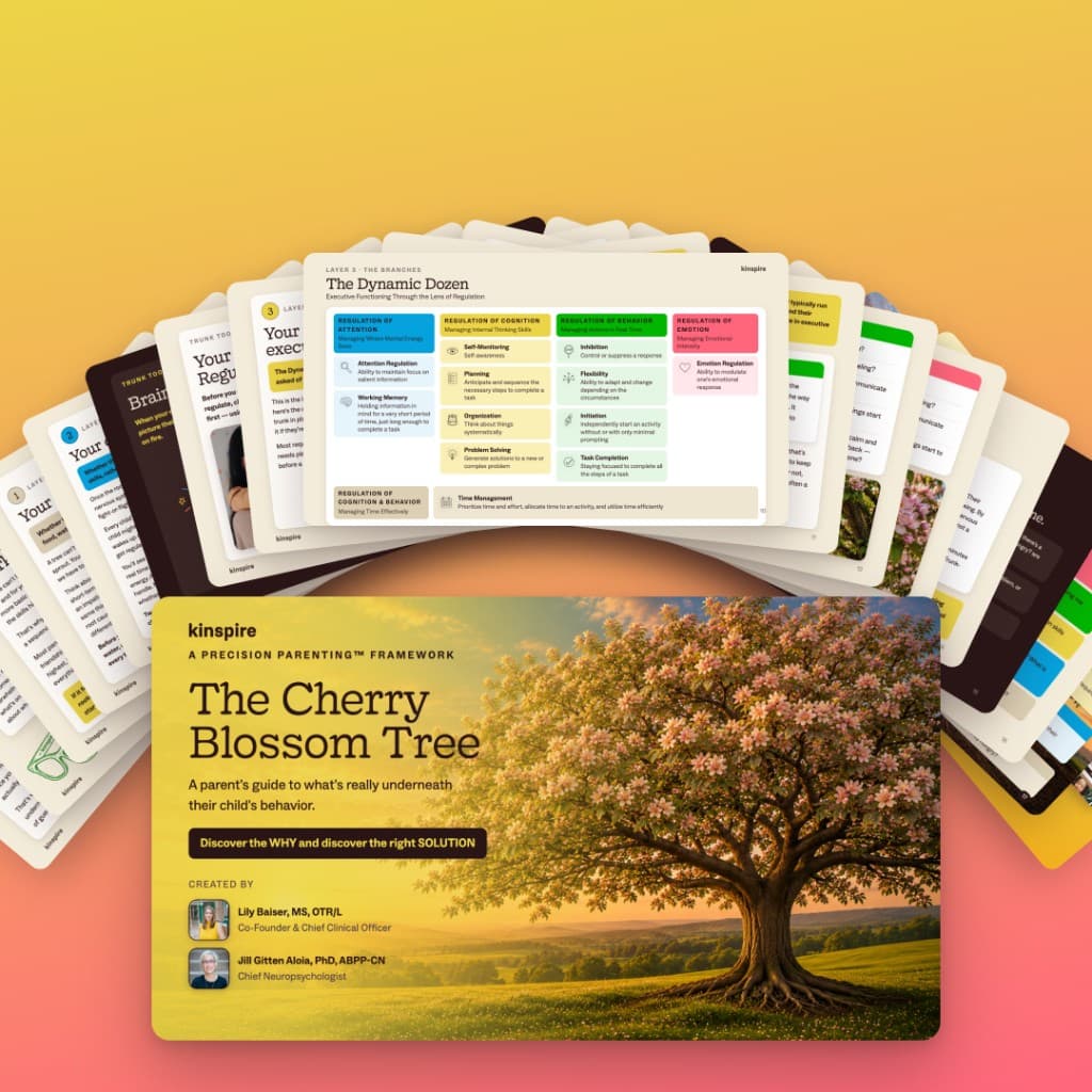 The Cherry Blossom Tree Precision Parenting framework — visual guide pages fanned open, with Lily Baiser and Jill Gitten Aloia