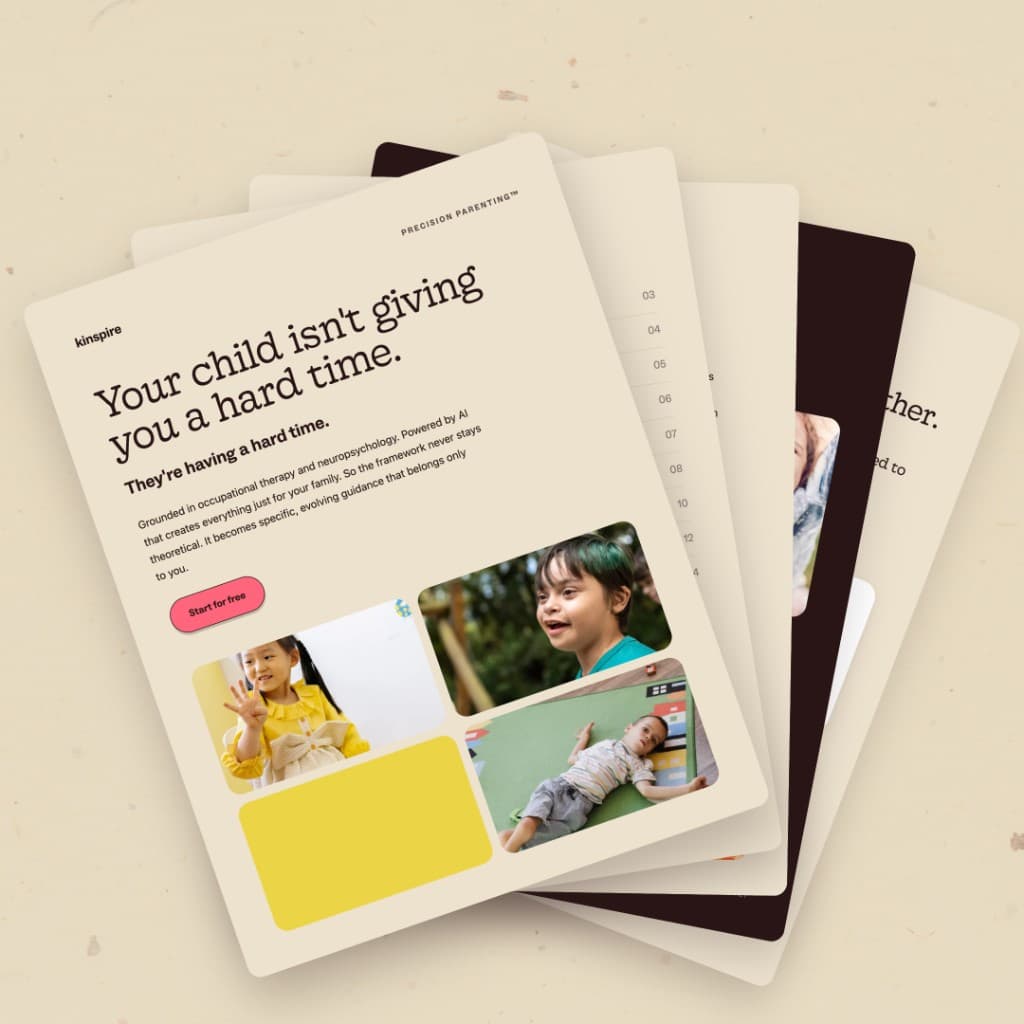 Precision Parenting™ Framework guide pages fanned open, covering the five pillars for parents of outside-the-box kids