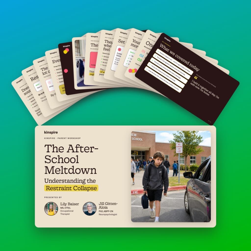 The After-School Meltdown: Understanding the Restraint Collapse, a Kinspire parent workshop guide by Lily Baiser and Jill Gitten Aloia, with pages fanned open