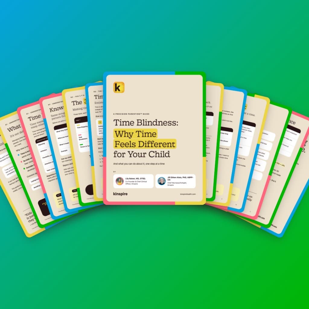 Time Blindness: Why Time Feels Different for Your Child, a Precision Parenting™ guide by Lily Baiser and Jill Gitten Aloia, with pages fanned open